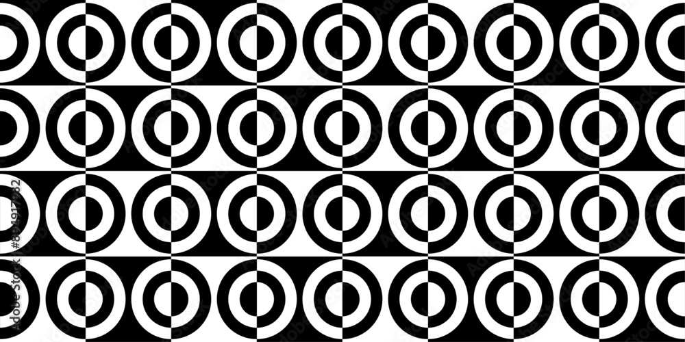 Poster Black and white checkerboard pattern, circles inside. Seamless vector and monochrome pattern of circles divided in half.