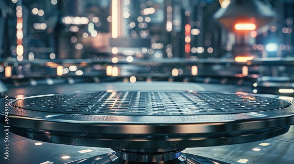 Aufkleber a close-up view of a circular metal platform in a futuristic city setting. lights blur in the backgr