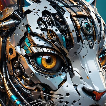 detailed close-up Cyborg cat Face ,Cyberpunk Cyborg cat Illustration, Cat Mechanical Robot,Steampunk Robot cat Face , cybernetic cat.