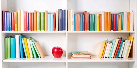 Colorful Bookshelf Arrangement. A vibrant and organized bookshelf featuring a variety of colorful books and decorative elements. This image showcases a charming home library setting. 