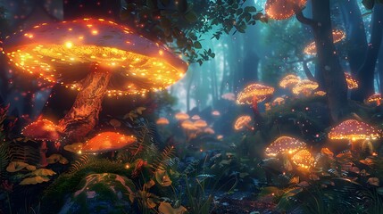 Obraz premium Dreamlike forest with giant, glowing mushrooms creating a magical, ethereal glow