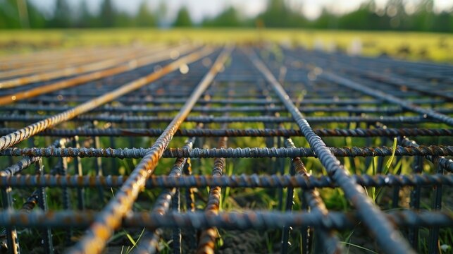 Reinforced steel bars on grass background of construction site with copy space Metal base of concrete walls and buildings Strong steel rods in close up