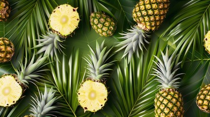 A tropical pattern of pineapples and palm leaves, with a bold and dynamic layout, high-resolution photo, realistic photo, hyper realistic