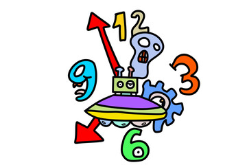 Colorful Clock, Alien, UFO cartoon doodle hand drawing background transparent, Illustration design