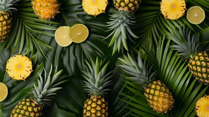 Fototapeta premium A tropical pattern of pineapples and palm leaves, with a bold and dynamic layout, high-resolution photo, realistic photo, hyper realistic