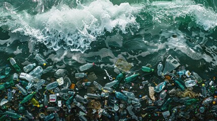 Ocean surface cluttered with plastic bottles and bags, symbolizing the urgent need to address pollution and protect our waters
