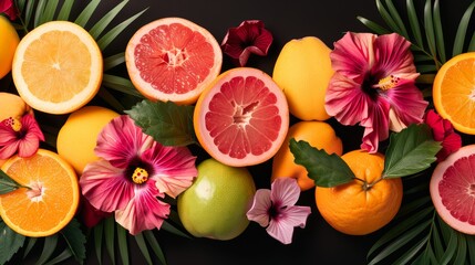 A vibrant pattern of mixed tropical fruits and hibiscus flowers, creating a lush and exotic look, high-resolution photo, realistic photo, hyper realistic