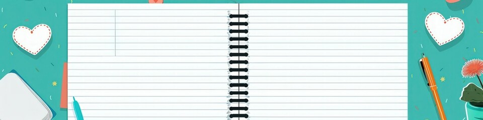 Minimalist art with notebook paper, teal desk, and heart sticker.
