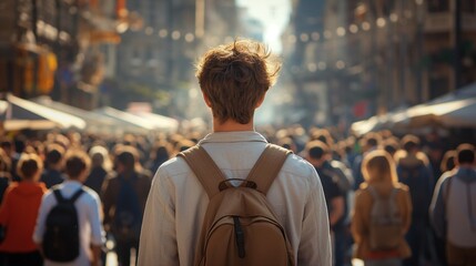 The man stand in the smash abstract crowd, back view