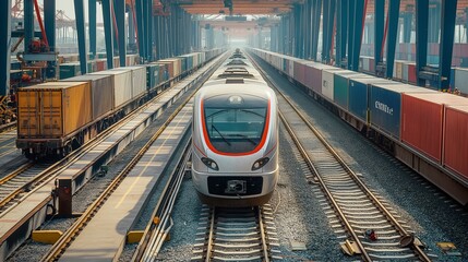 Fototapeta premium rail yard with trains carrying freight containers and workers loading