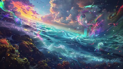Obraz premium Surreal ocean scene with colorful, glowing waves and fantastical sea creatures