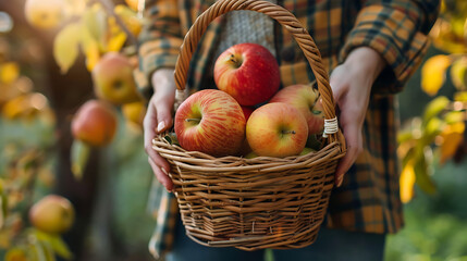 Close-up of a person holding a basket of freshly picked apples 