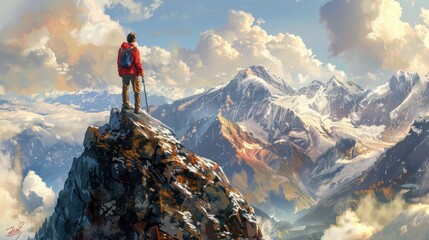 Image of young man mountaineer standing atop of rock