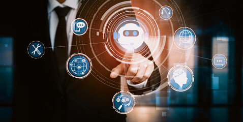 AI Chatbot smart digital customer service application concept. Computer or mobile device application using artificial intelligence chat bot automatic reply online message to help customers instant uds