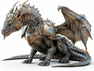 Fototapeta premium A detailed illustration of a fierce dragon in full armor, showcasing intricate design and fantastical elements. Ideal for fantasy themes.