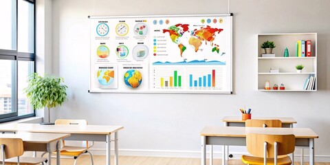 Vibrant and Engaging Elementary Classroom. A cheerful and colorful elementary school classroom with desks, chairs, educational posters, and a green whiteboard adorned with engaging visuals.