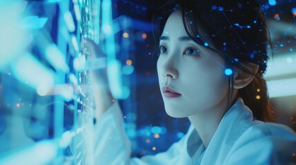 Asian female scientist amazed by holographic data in futuristic lab. Shallow depth of field. Graphic and Motion.