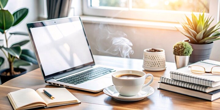Morning Productivity: Blank Laptop, Coffee, and Sunshine. Capture the essence of a productive day with this inviting image of a blank laptop screen bathed in warm sunlight. 