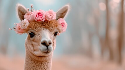 Obraz premium Cute Alpaca Wearing a Pastel Rose Flower Crown