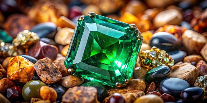 Close-up of giant emerald gemstone surrounded by other precious stones, esmeraldas, gigantes, cristales, emerald