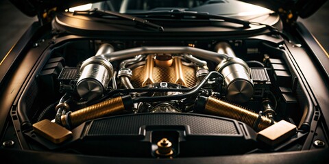 Fototapeta premium Powerful Car Engine Under the Hood. Close-up view of a high-performance car engine with its hood open, showcasing the intricate details and powerful components.