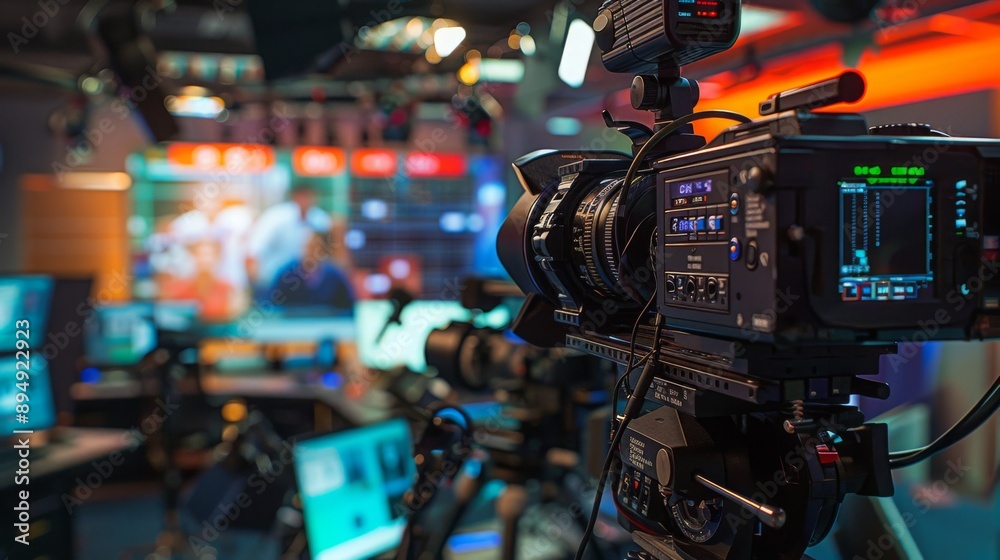 Aufkleber A video camera in a TV studio is ready for a live broadcast, focused on a scene displayed on a monitor with other cameras in the background
