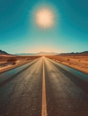 Fototapeta premium Empty asphalt road stretching through the desert, adventure awaits, clear blue sky, midday sun