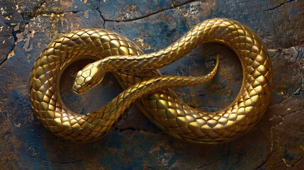 A gold snake is curled up on a rock