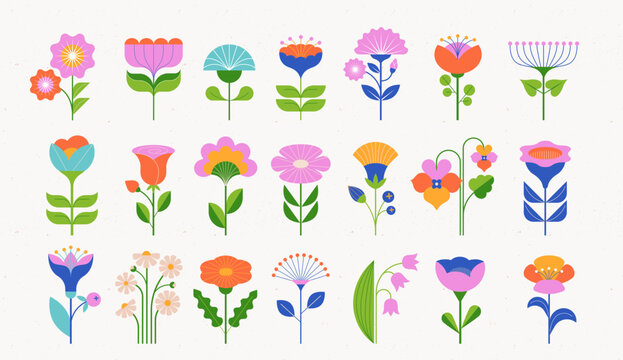 Modern Flowers illustrations. Geometric, flat style design, folk motif, bright and colorful flowers. Vector illustrations