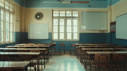 School empty classroom with desks and chair iron wood for studying lessons in high school thailand