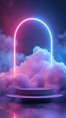 Empty Cylinder Podium with Abstract Geometric Neon  Background