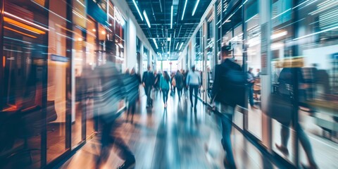 Dynamic Corporate Hustle: Long Exposure Banner of Busy Office Corridor with Blurred Business Professionals. Cutting-edge 4K Wallpaper Captures the Energetic Flow and Fast-paced Atmosphere of Modern Wo