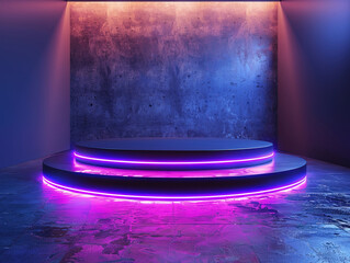 Podium background light stage futuristic neon future stand display 3D space technology. Light presentation podium background empty dark product black concept pedestal lab effect blue spotlight design