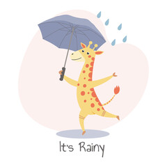 Cute cheerful giraffe with an umbrella in the rain. Autumn children's illustration, print, card