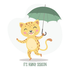 Cute cheerful baby tiger with an umbrella in the rain. Autumn children's illustration, print, card