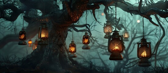 A collection of old rusty lanterns hanging from the branches of a gnarled tree casting an eerie light on the ground below The lanterns flicker as if blown by an unseen wind