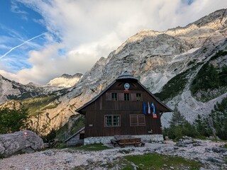 Ceska Koca mountain hut on the way to Grintovec Mountain in Julian Alps, Slovenia. A picturesque...