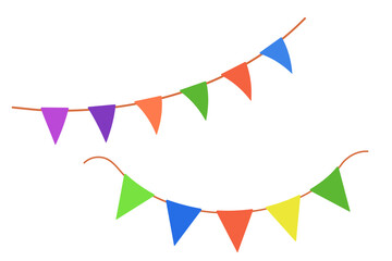 Color pennant isolated on white background. Hanging summer party garland for kids. Triangle flags in rainbow colors. Vector illustrations