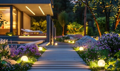 Obraz premium A modern garden landscape with an illuminated pathway leading to a residential house, highlighting ambient lighting installations and vibrant flowers