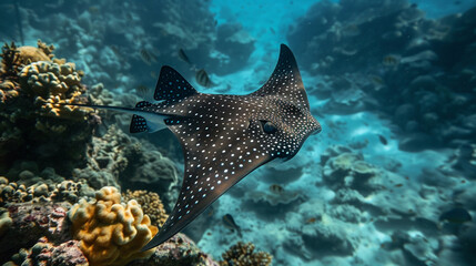 Spotted eagle ray swimming in the sea