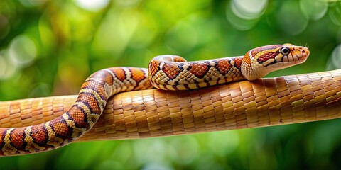 Naklejka premium Snake crawling on bamboo stick, with beautiful skin pattern and fascinating movements , Steppes Ratsnakes, Elaphe dion