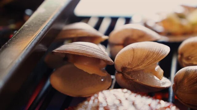 Grill seafood and various clams on fire