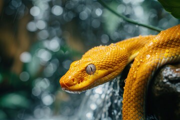 Fototapeta premium A yellow snake is laying on a rock near a waterfall
