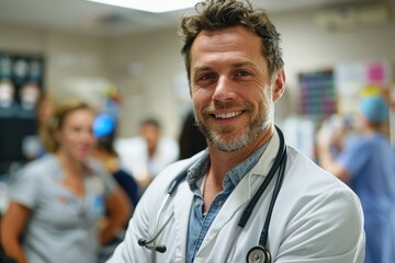 Fototapeta premium Joyful Doctor with Stethoscope in Hospital Setting