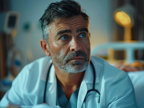 Compassionate Doctor Examining Patient with Sorrowful Expression in Bright Hospital Room - Medical Professional Deep in Thought During Consultation Shot on Canon 5D Mark III