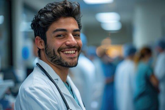 Thrilled Doctor Using Stethoscope with Hospital Staff in Background - Professional Medical Team Concept
