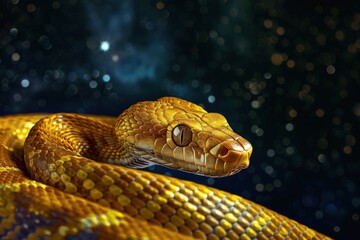 Fototapeta premium A snake is curled up on a dark background