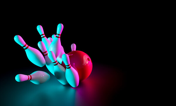 Bowling ball knocking down pins with neon lights on black background