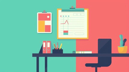 Modern Office Workspace with Laptop, Chart, and Supplies - This image depicts a minimalist office workspace with a laptop, a chart on a whiteboard, and stationery supplies. It symbolizes productivity