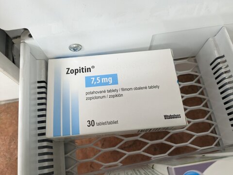 Prague, Czech Republic - July 9 2024: ZOPITIN box of medication with ZOPICLONE active substance by KRKA, used for treatment of insomnia and sleep disorders.

